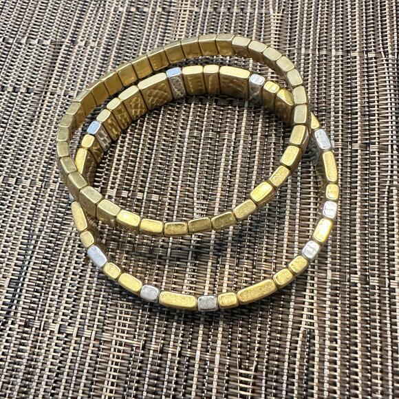 Madewell Stretch Bracelet Set of 2 Gold tone Square Beads Casual Jewelry Preppy - Picture 5 of 8